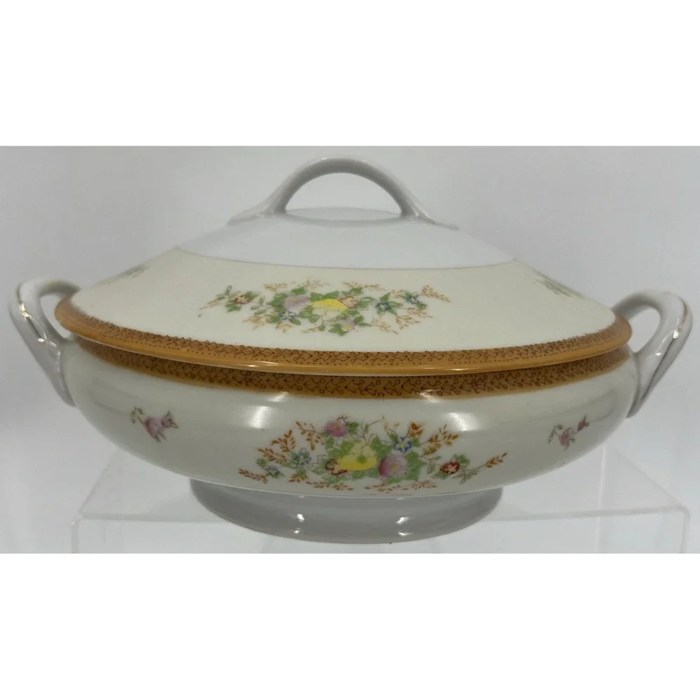 Vintage Round Serving Dish with Lid Floral Gold Detail‎ Handmade in Japan MCM